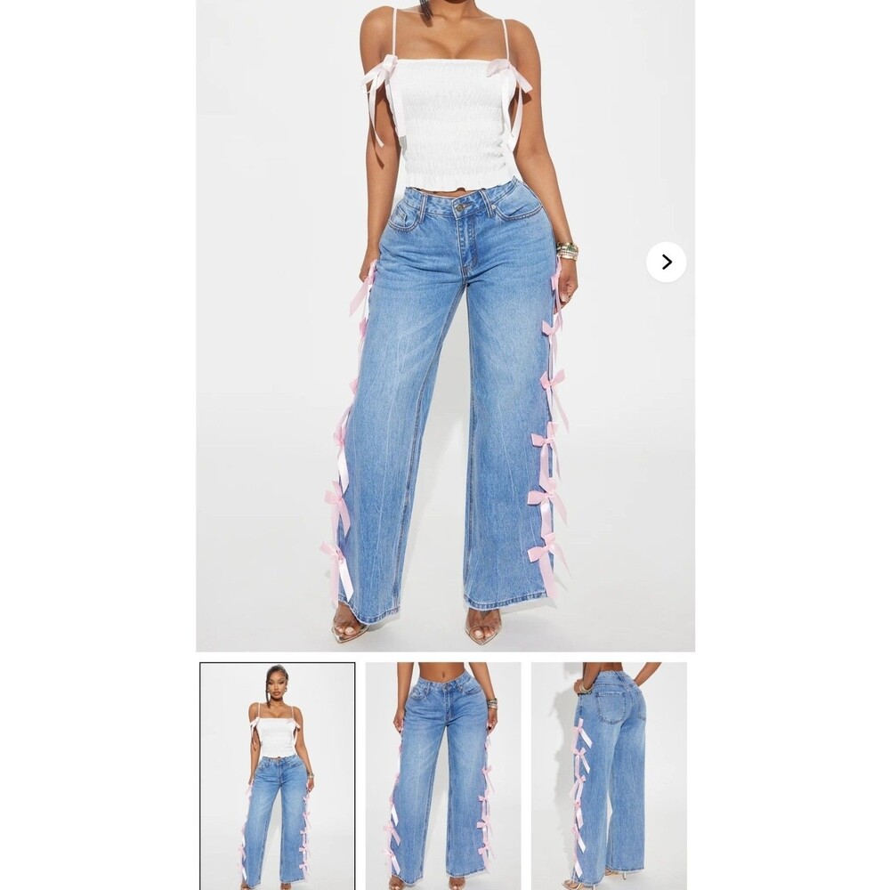 FASHION NOVA Wide Leg Pink Bow Jeans Size 16 Straight Plus Feminine
